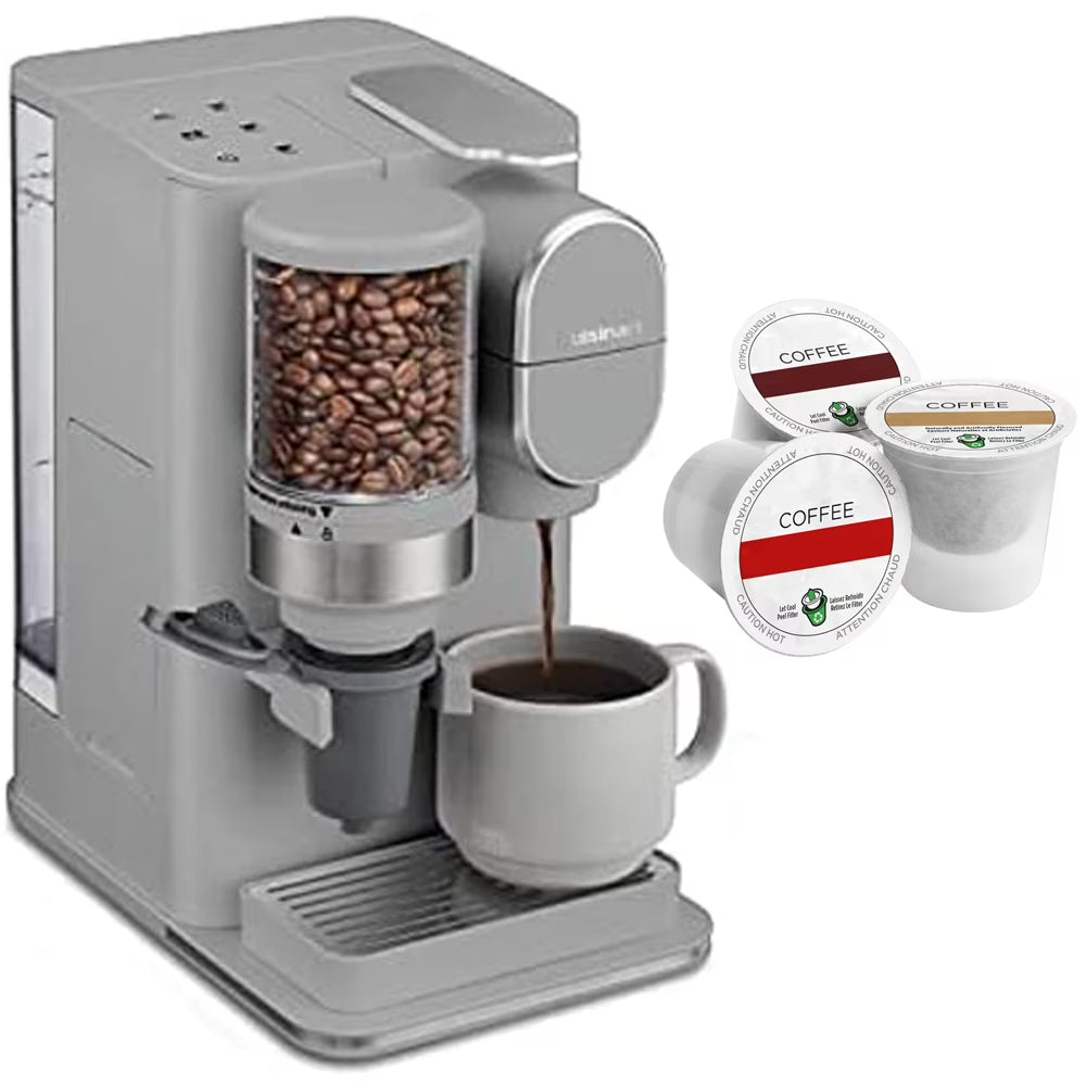 Conical Burr Grind and Brew Single-Serve Coffeemaker Gray Bundle with 3 K-Cups Q852