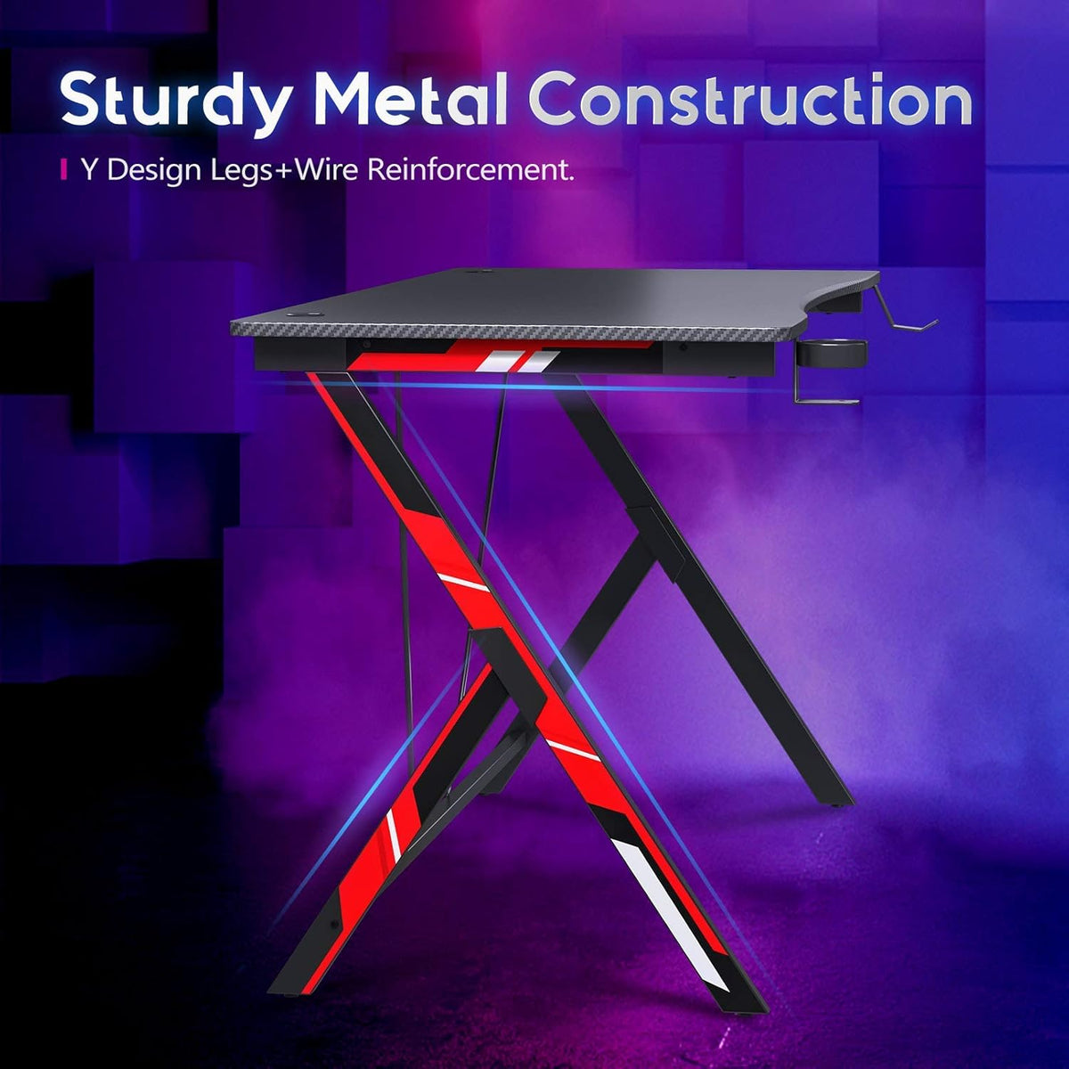 47 inch Gaming Desk with Carbon Fiber Surface and Headphone Hook and Cup Holder Q963207