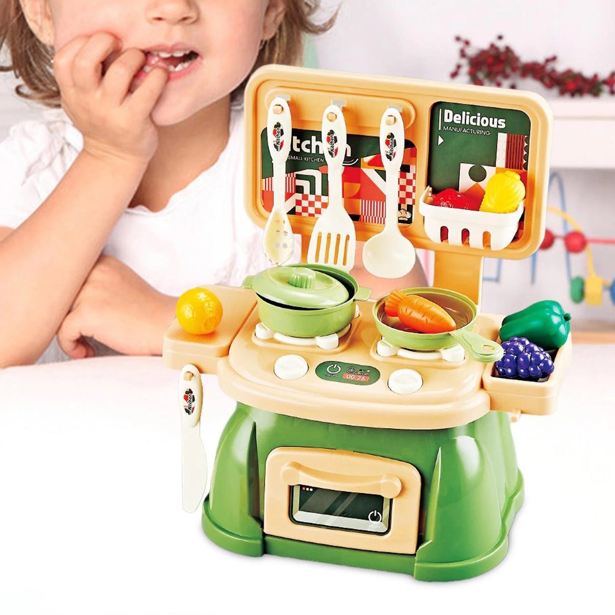 30Pcs Kitchen Playset Toy Pretend Food and Cooking Playset Educational Learning Skill Toy Pretend Chef Cookware for Dollhouse green A82023