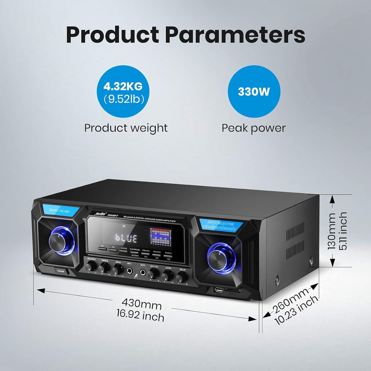 Stereo Receiver Amplifier Bluetooth 5.0 330W 2.0 Channel Home Audio AMP FM with USB SD Mic in Echo RCA AUX LED Remote K449
