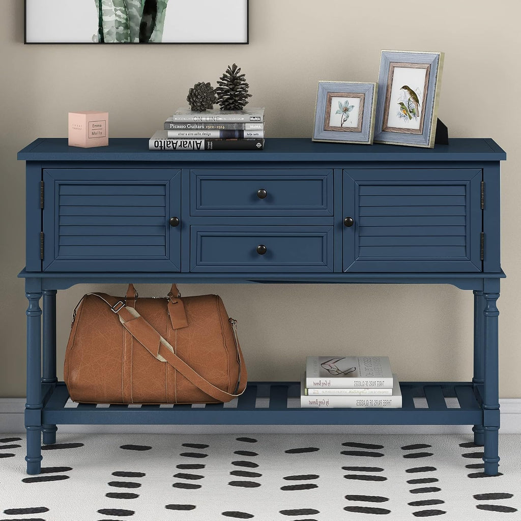 Solid Wood Console Table with 7 Drawers, 1 Cabinet and Shelf, Blue, 45.3x15x33.7 in O865