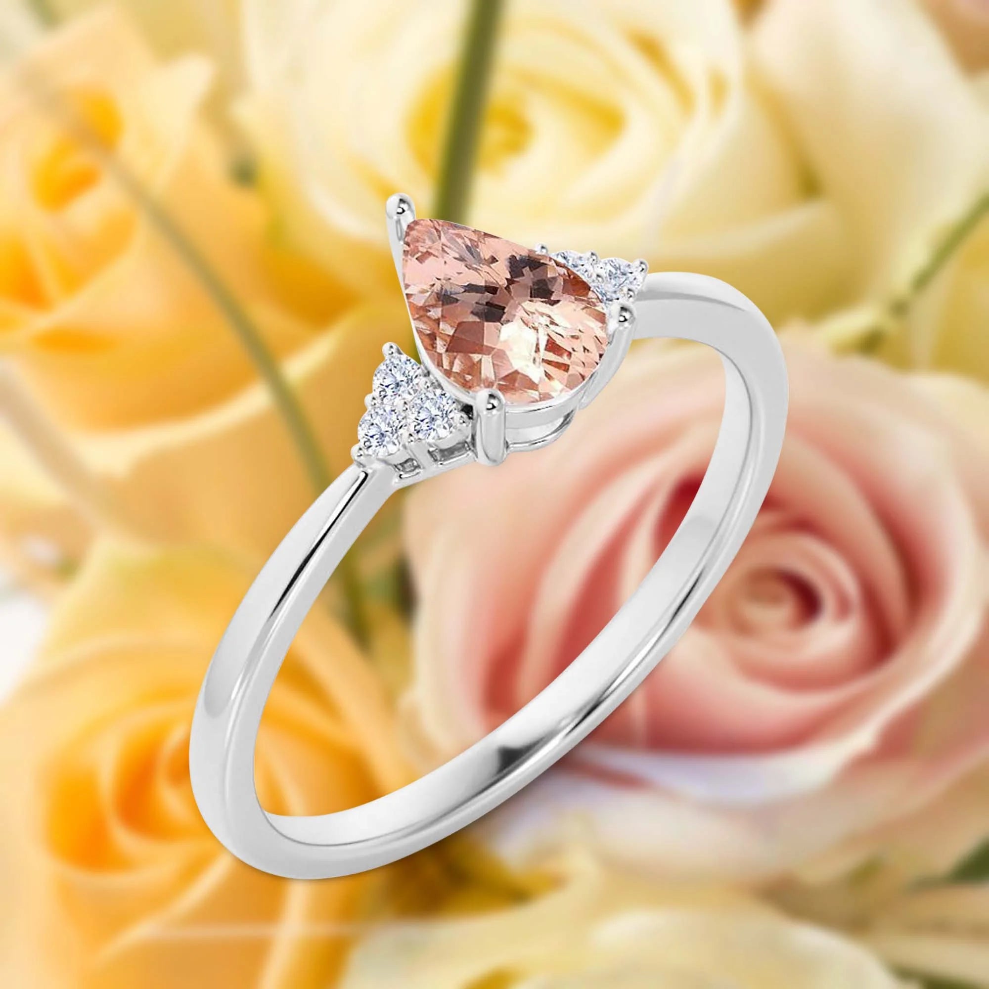 1.25 Carat Pear Cut Morganite And Diamond Moissanite Engagement Ring in 925 Sterling Silver With 18k White Gold Plating U416359
