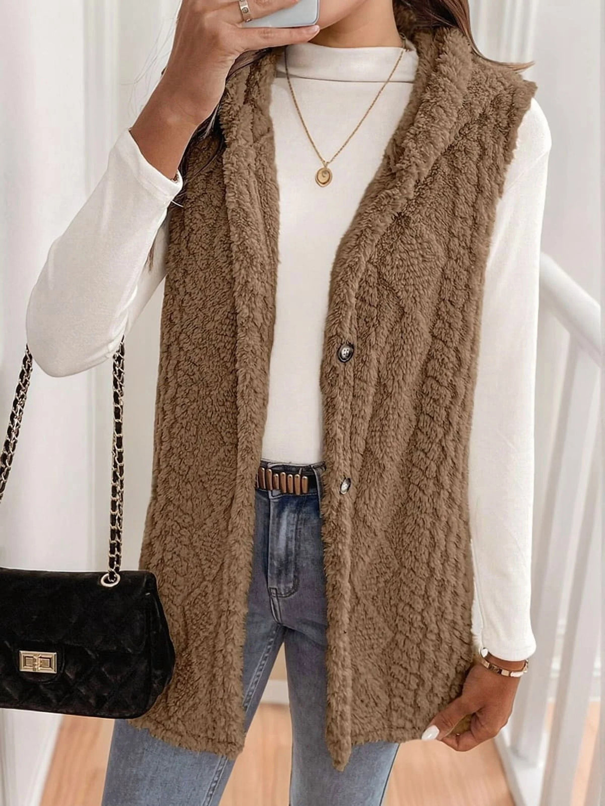 Oversized Fleece Hooded Cardigan Brown XL Y125