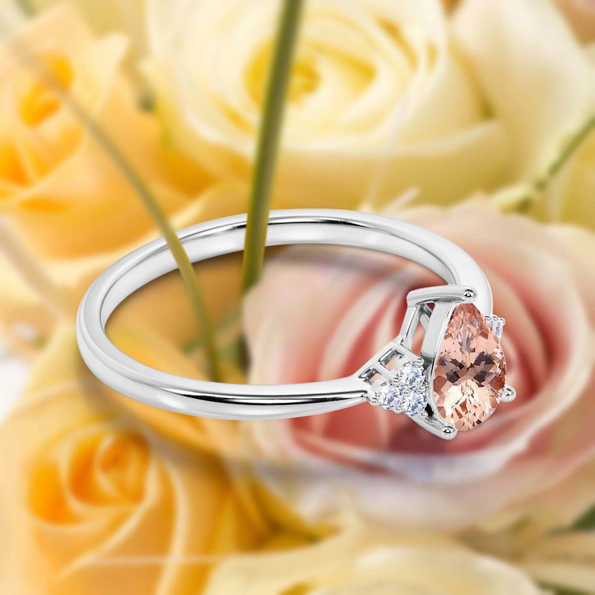 1.25 Carat Pear Cut Morganite And Diamond Moissanite Engagement Ring in 925 Sterling Silver With 18k White Gold Plating U416359