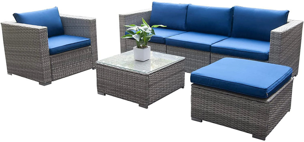 6pcs Gray Rattan Wicker Sectional Outdoor Sofa Set with Black Washable Seat Cushions & Glass Coffee Table T934