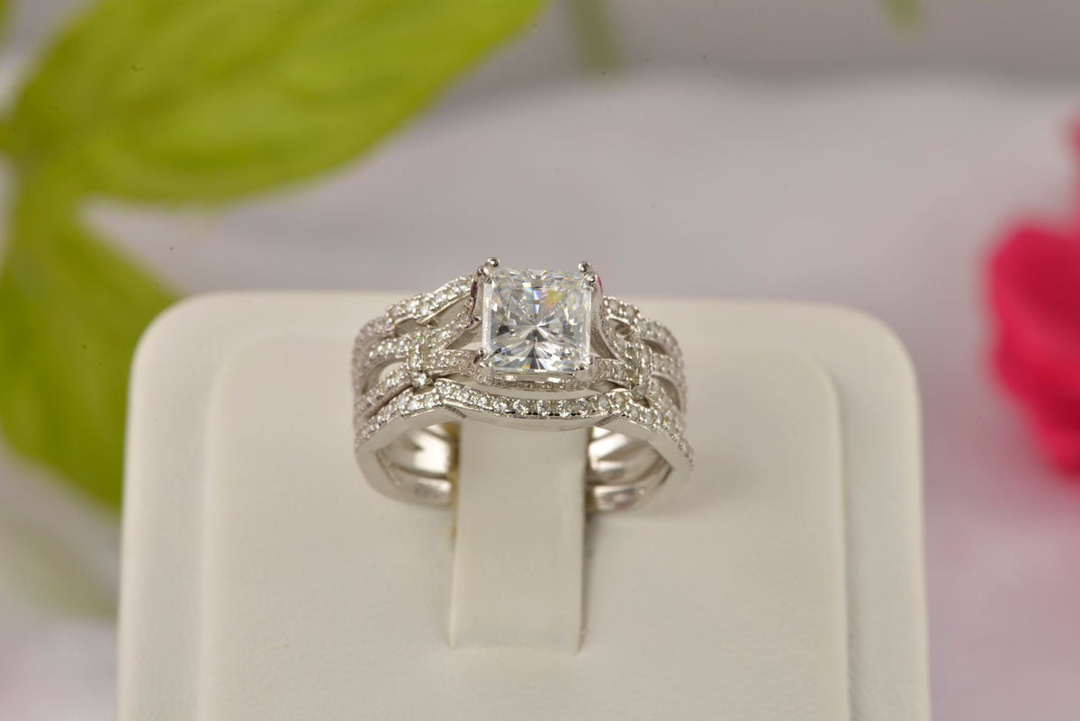 3pcs Princess Cut Diamond Simulated 925 Sterling Silver Bridal Set F4421