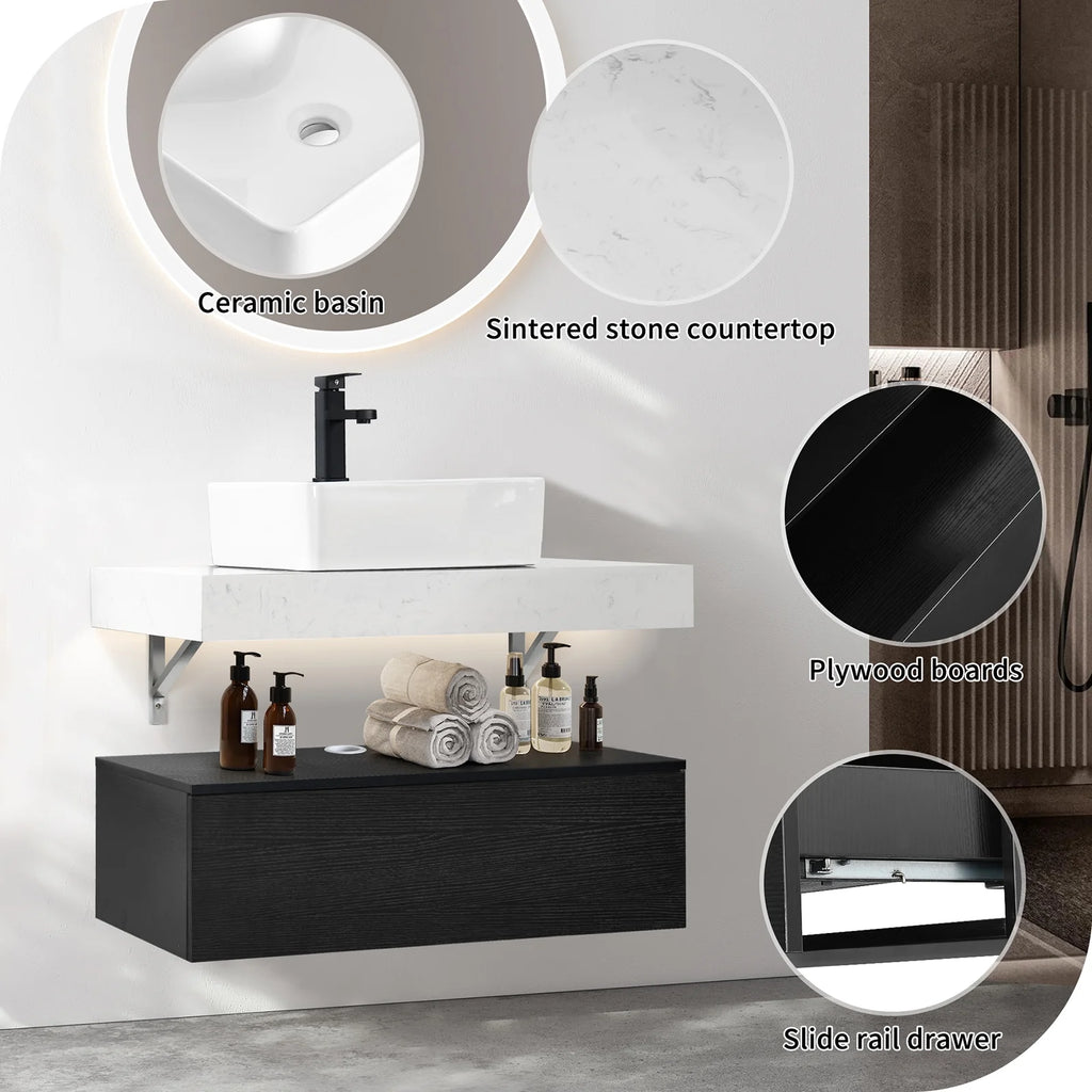 39.4'' Wall Mounted Floating Bathroom Vanity With Drawer Ceramic Sink Vessel Z60678