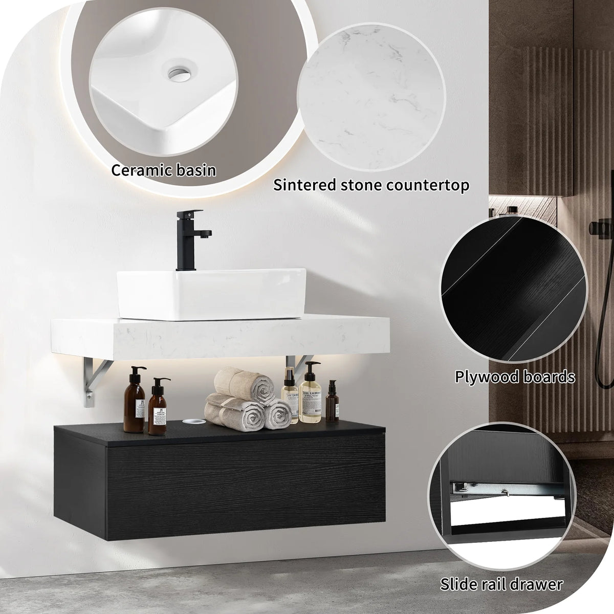39.4'' Wall Mounted Floating Bathroom Vanity With Drawer Ceramic Sink Vessel Z60678