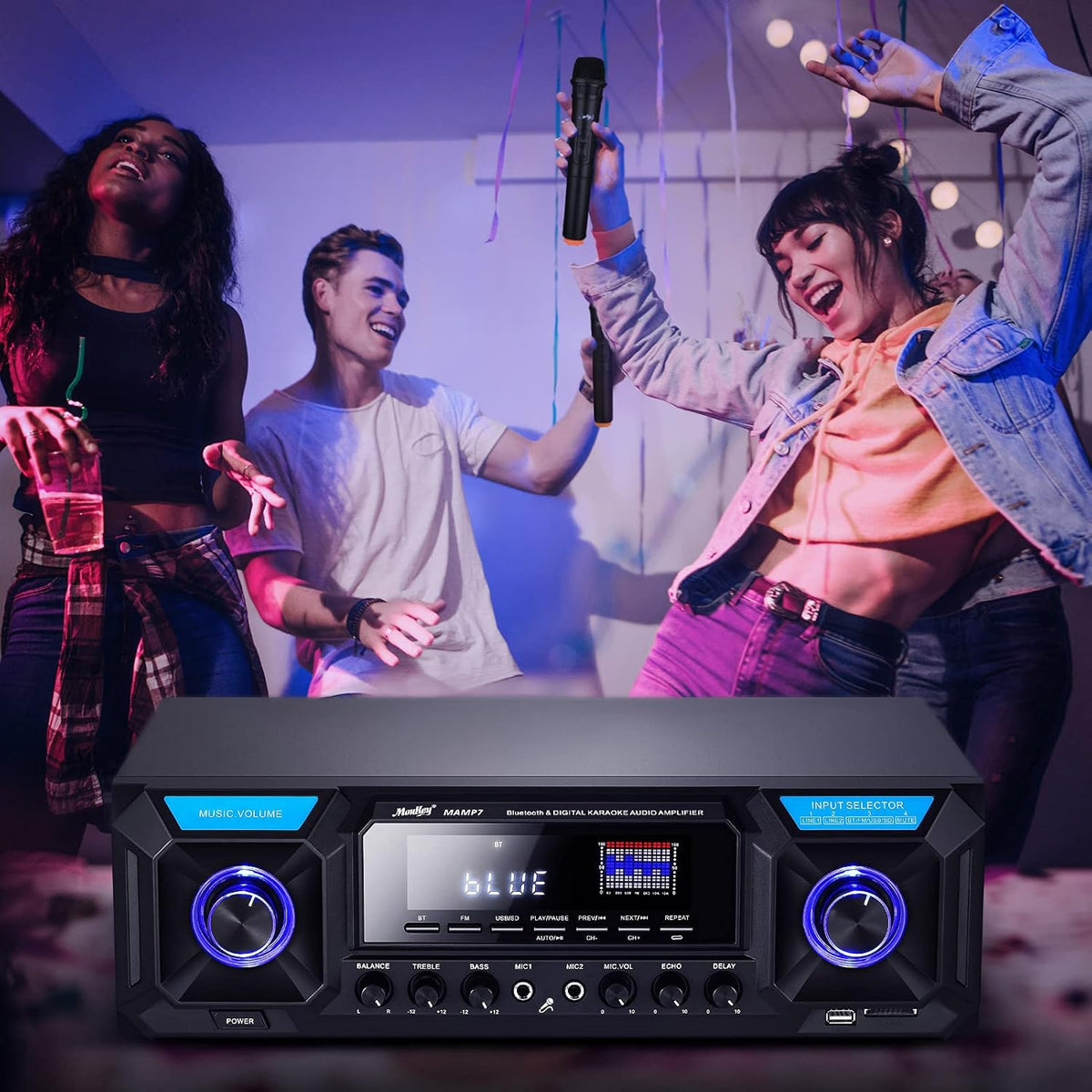 Stereo Receiver Amplifier Bluetooth 5.0 330W 2.0 Channel Home Audio AMP FM with USB SD Mic in Echo RCA AUX LED Remote K449