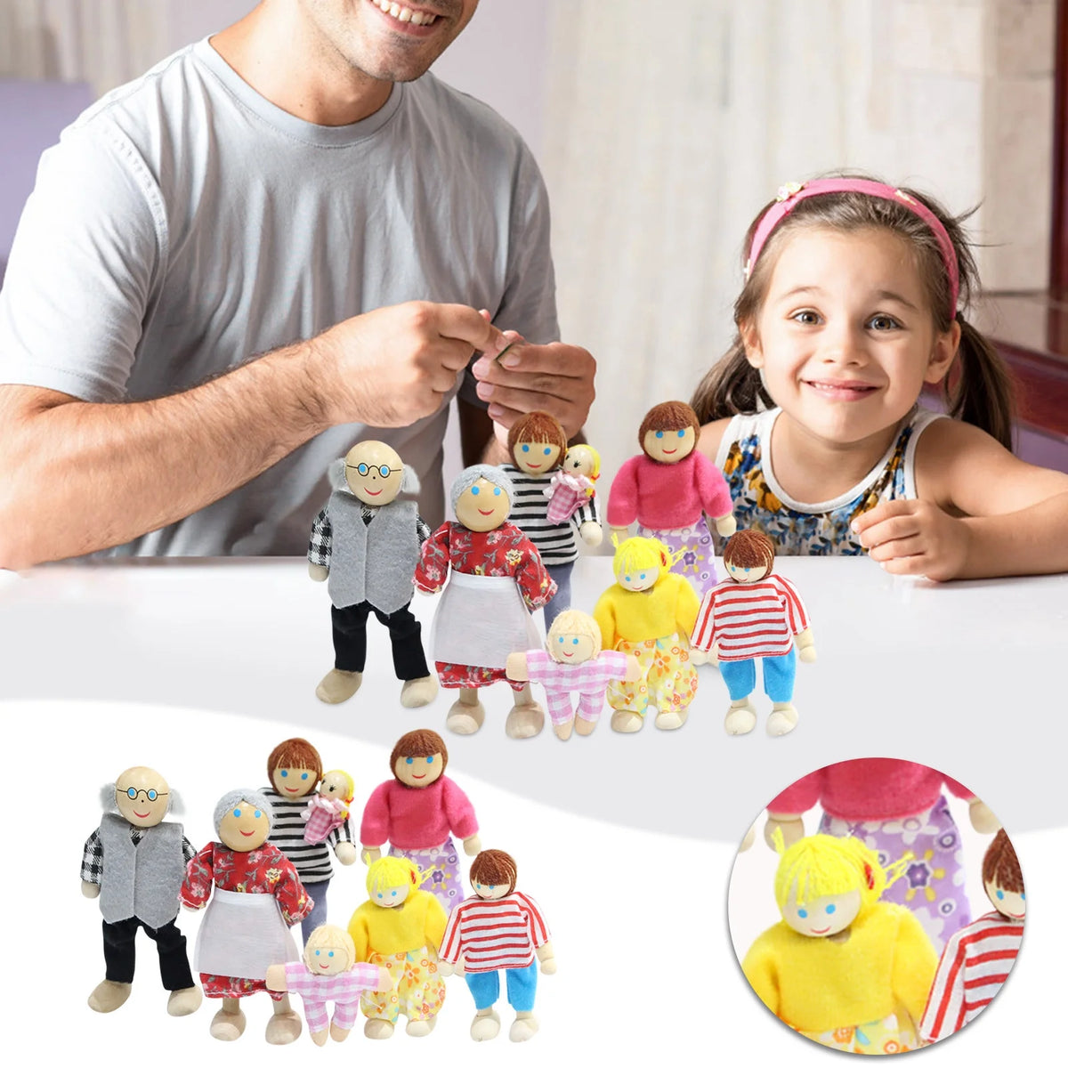Wooden Doll House Family Dress-up Characters, Family of 7 W2716