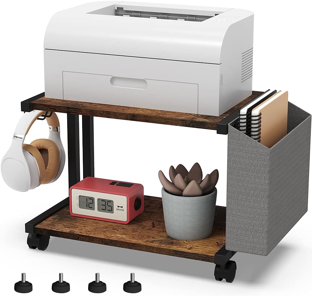 2 Tier Rustic Brown Wooden Printer Stand with Storage Bag and Caster Wheel N191329