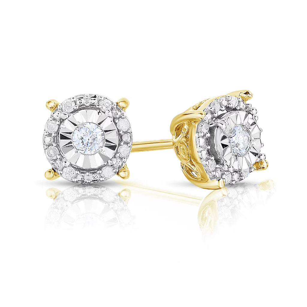 18K Yellow Gold Plated Sterling Silver Round Halo Diamond Stud Earrings D44449
