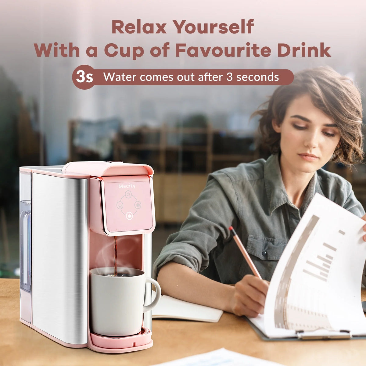 Pink 3-in-1 Single Serve Coffee Machine with Removable 50 Oz Water Reservoir T684918