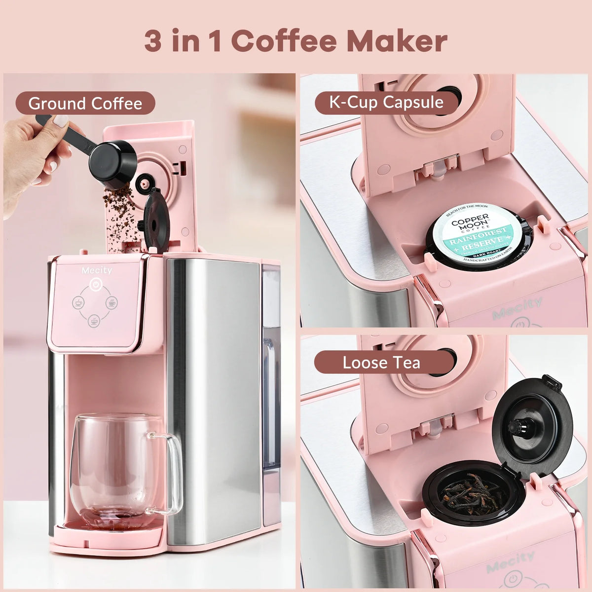 Pink 3-in-1 Single Serve Coffee Machine with Removable 50 Oz Water Reservoir T684918