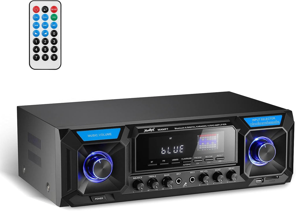 Stereo Receiver Amplifier Bluetooth 5.0 330W 2.0 Channel Home Audio AMP FM with USB SD Mic in Echo RCA AUX LED Remote K449