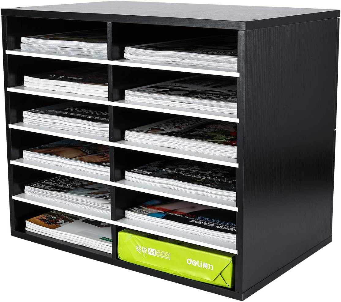 12 Compartments Black White Wood Desktop Literature Organizer L622537