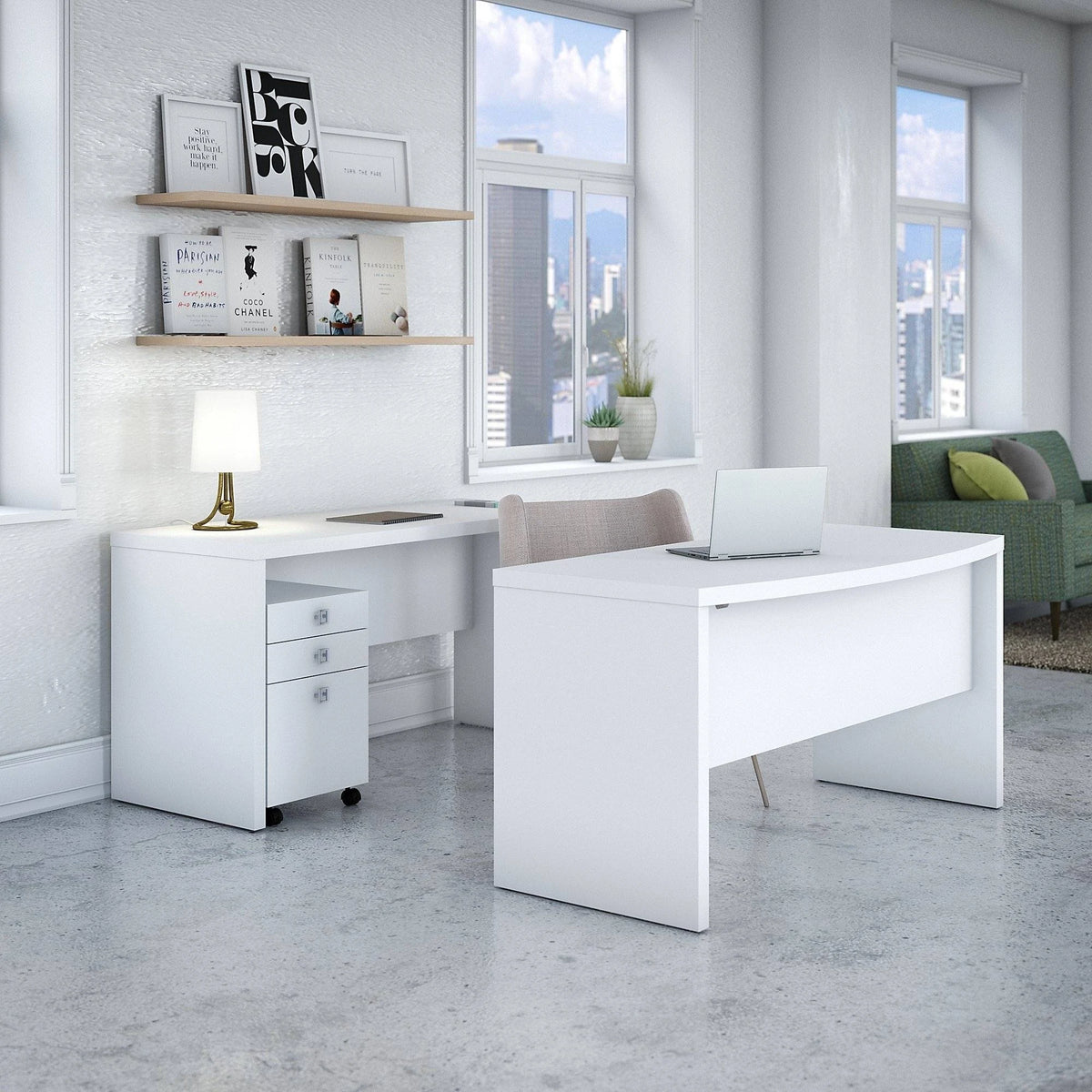 Pure White Bow Front Desk and Credenza with Mobile File Cabinet S8763