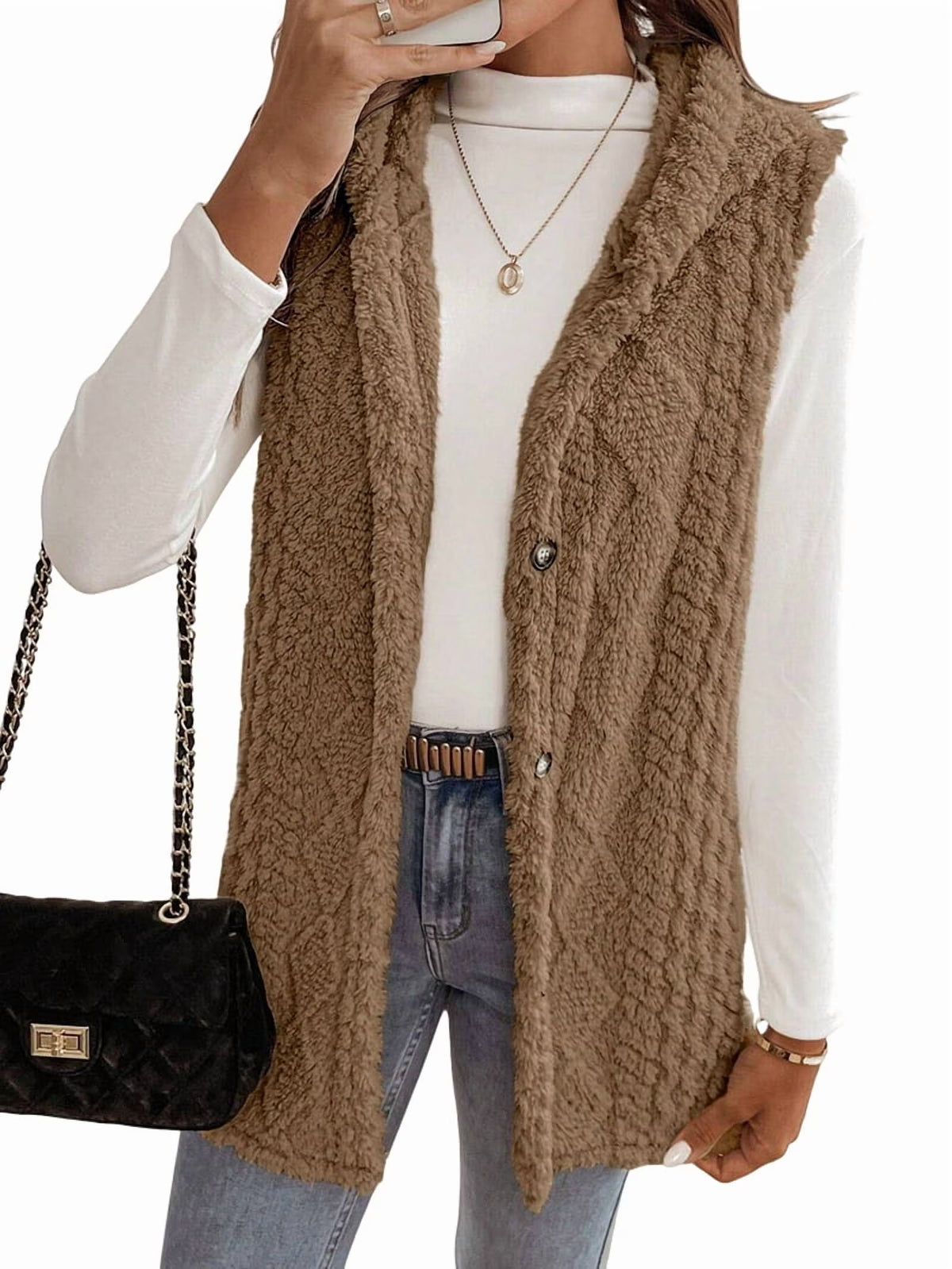 Oversized Fleece Hooded Cardigan Brown XL Y125