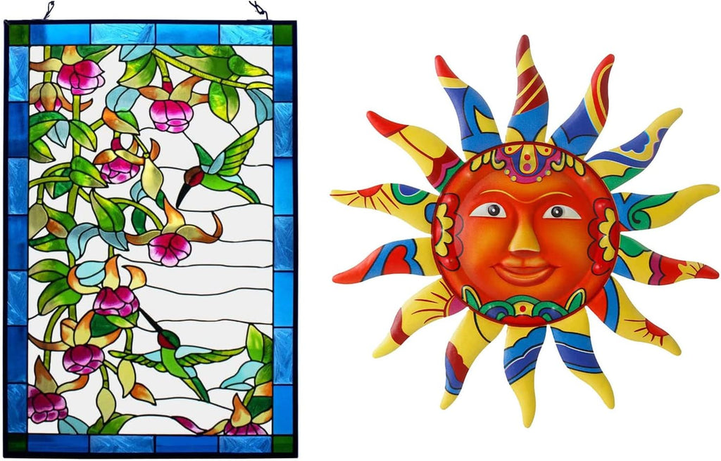 Stained Glass Window Hangings with Chain Metal Sun Wall Art Decor P536175