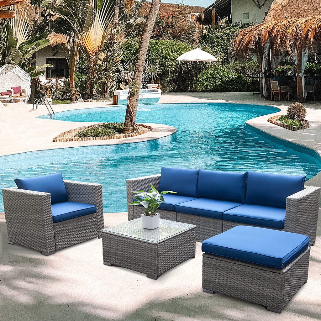 6pcs Gray Rattan Wicker Sectional Outdoor Sofa Set with Black Washable Seat Cushions & Glass Coffee Table T934