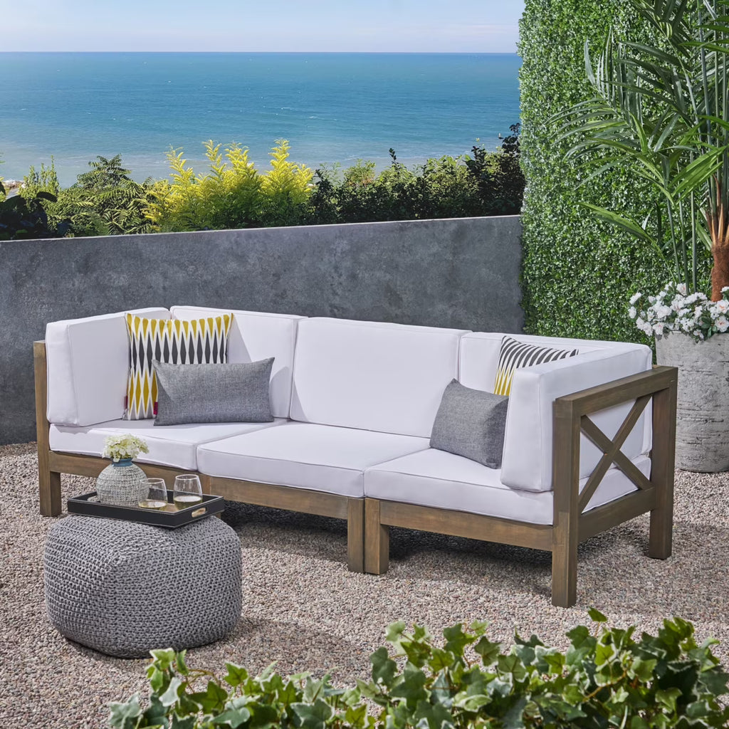 Gray and White Outdoor Modular Acacia Wood Sofa with Cushions X751784