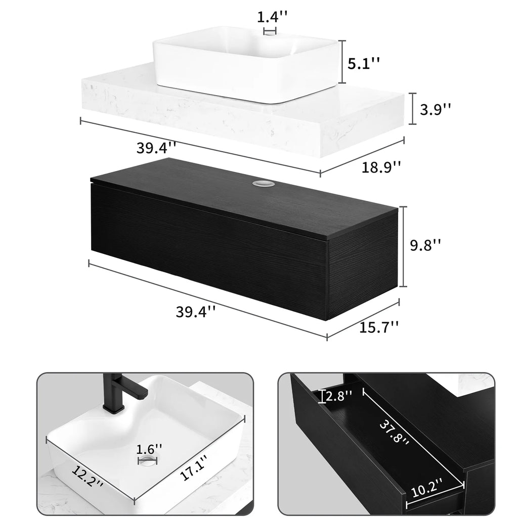 39.4'' Wall Mounted Floating Bathroom Vanity With Drawer Ceramic Sink Vessel Z60678