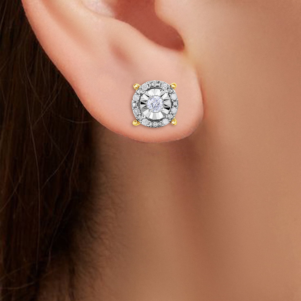 18K Yellow Gold Plated Sterling Silver Round Halo Diamond Stud Earrings D44449