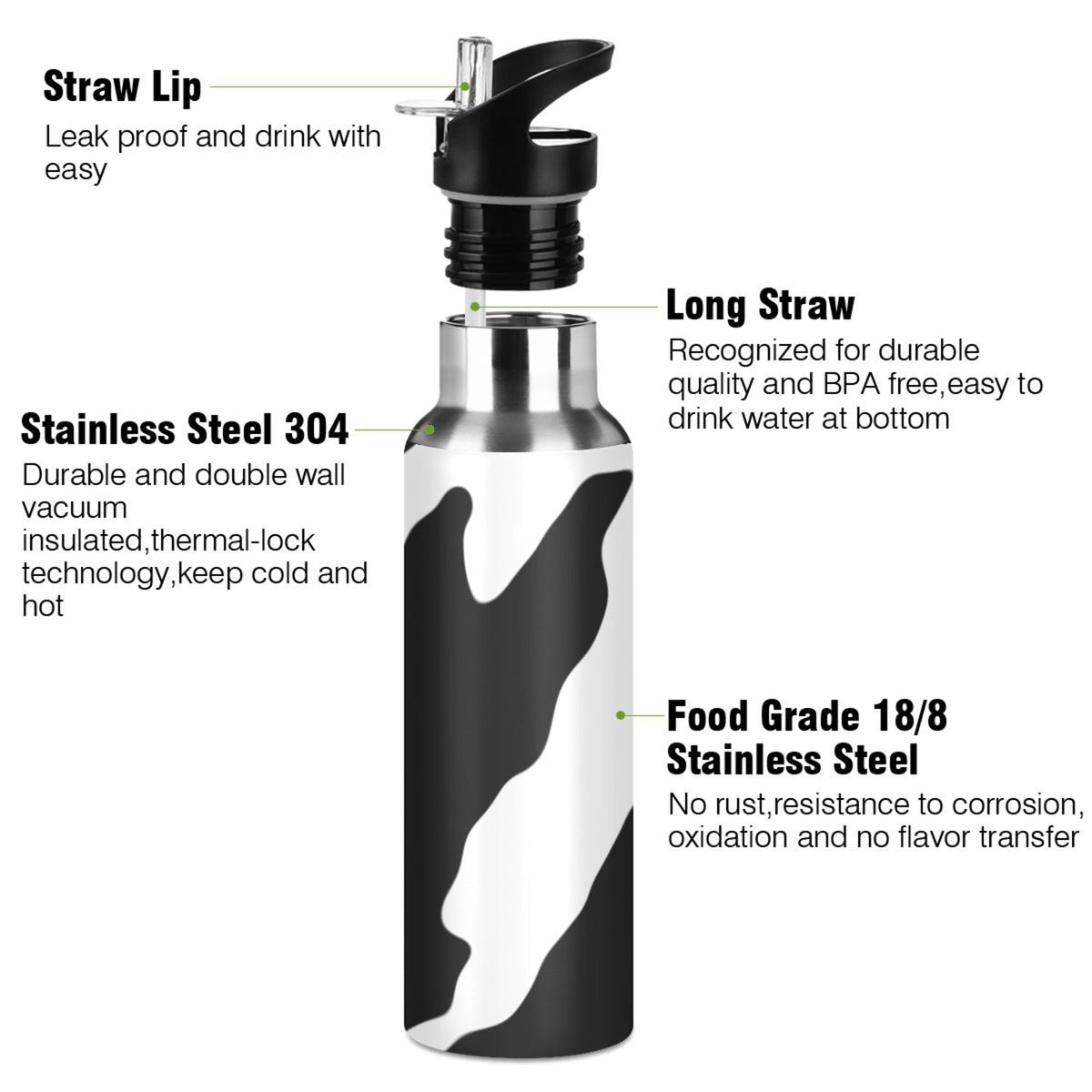 Stainless Steel Water Bottle Black White with Straw Lid Vacuum Insulated Leak Proof Flask 20 OZ Z258