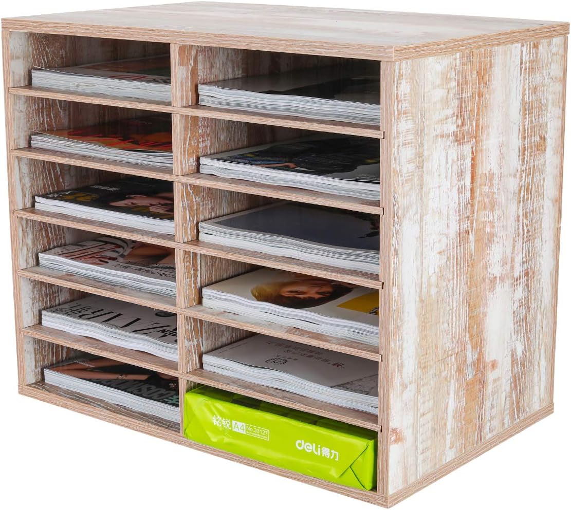 12 Compartments Black White Wood Desktop Literature Organizer L622537