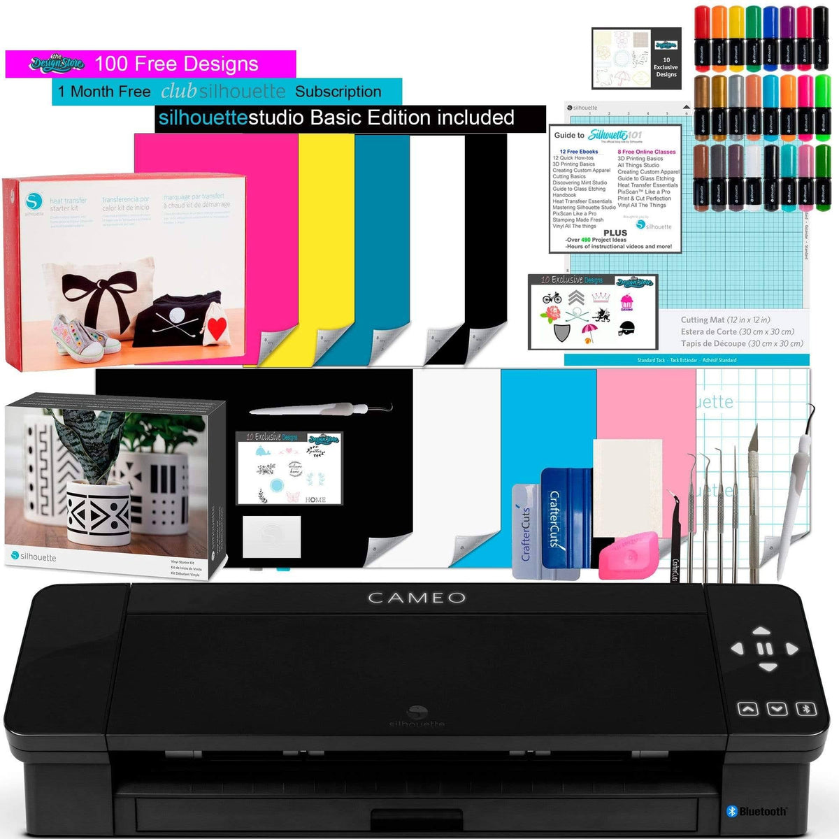 Silhouette Cameo 4 Black Bundle with Vinyl Starter Kit, Heat Transfer Starter Kit, 2 Autoblade-2, 24 Pack of Pens, CC Vinyl Tool G12748
