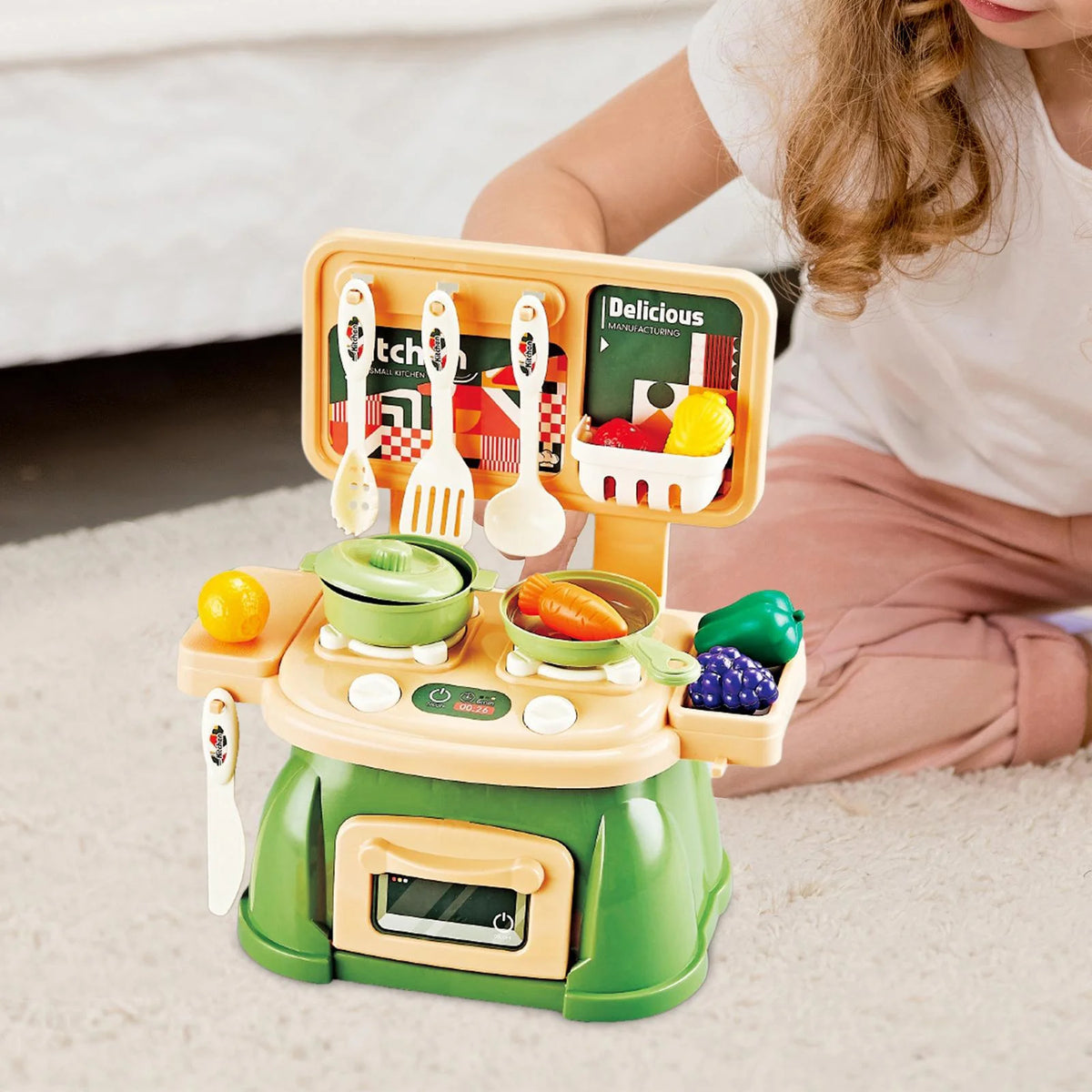 30Pcs Kitchen Playset Toy Pretend Food and Cooking Playset Educational Learning Skill Toy Pretend Chef Cookware for Dollhouse green A82023