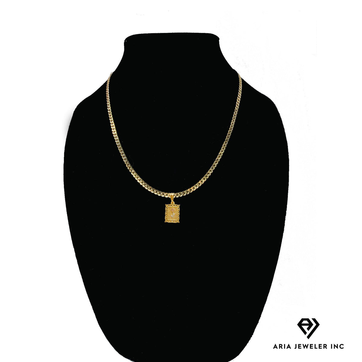 14k Bonded Gold Necklace with Pink Rose Square Pendant, 14K Cuban Chain Necklace N821