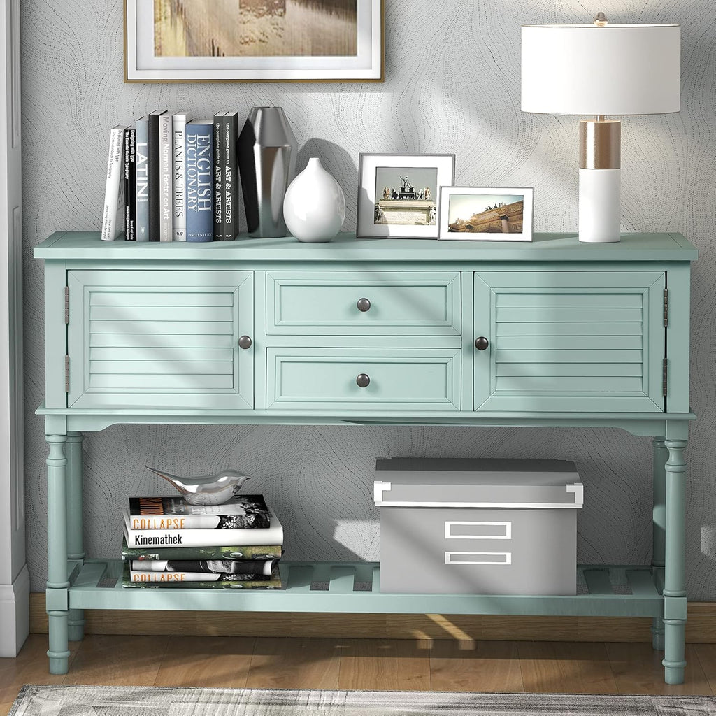 Solid Wood Console Table with 7 Drawers, 1 Cabinet and Shelf, Blue, 45.3x15x33.7 in O865