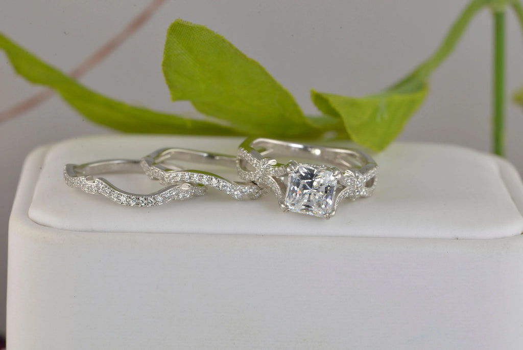 3pcs Princess Cut Diamond Simulated 925 Sterling Silver Bridal Set F4421