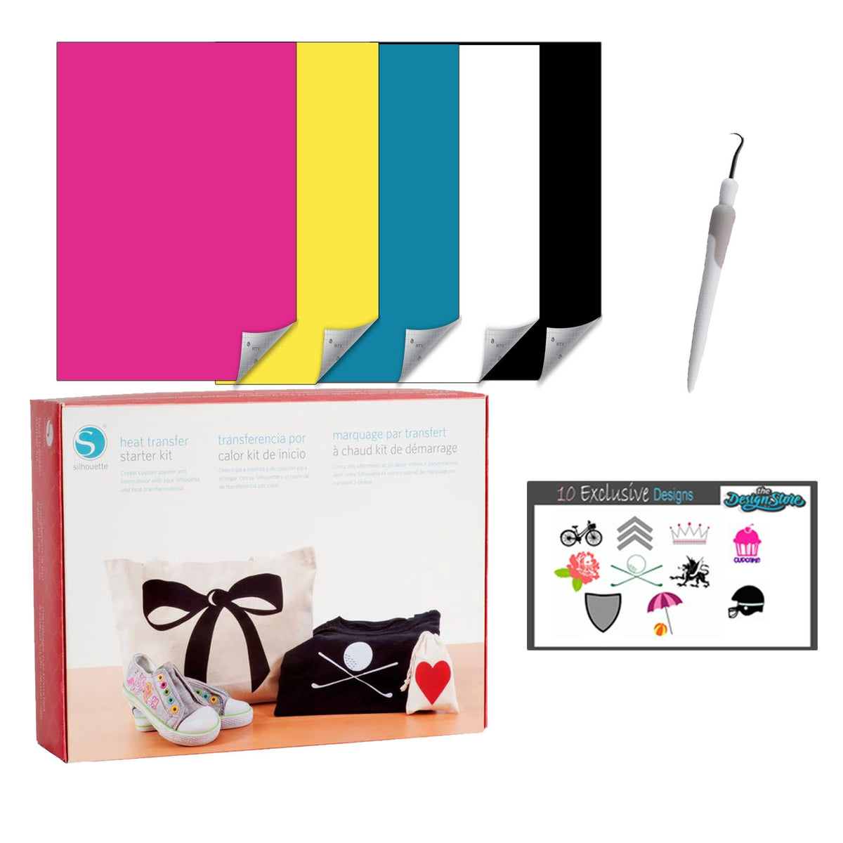 Silhouette Cameo 4 Black Bundle with Vinyl Starter Kit, Heat Transfer Starter Kit, 2 Autoblade-2, 24 Pack of Pens, CC Vinyl Tool G12748