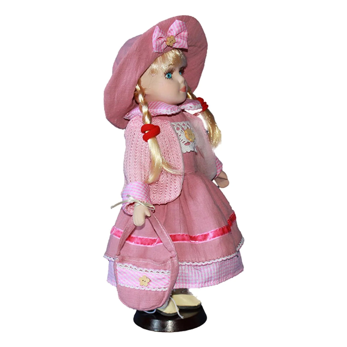 Pink Porcelain Doll Girl Figures with Hat Set K342256