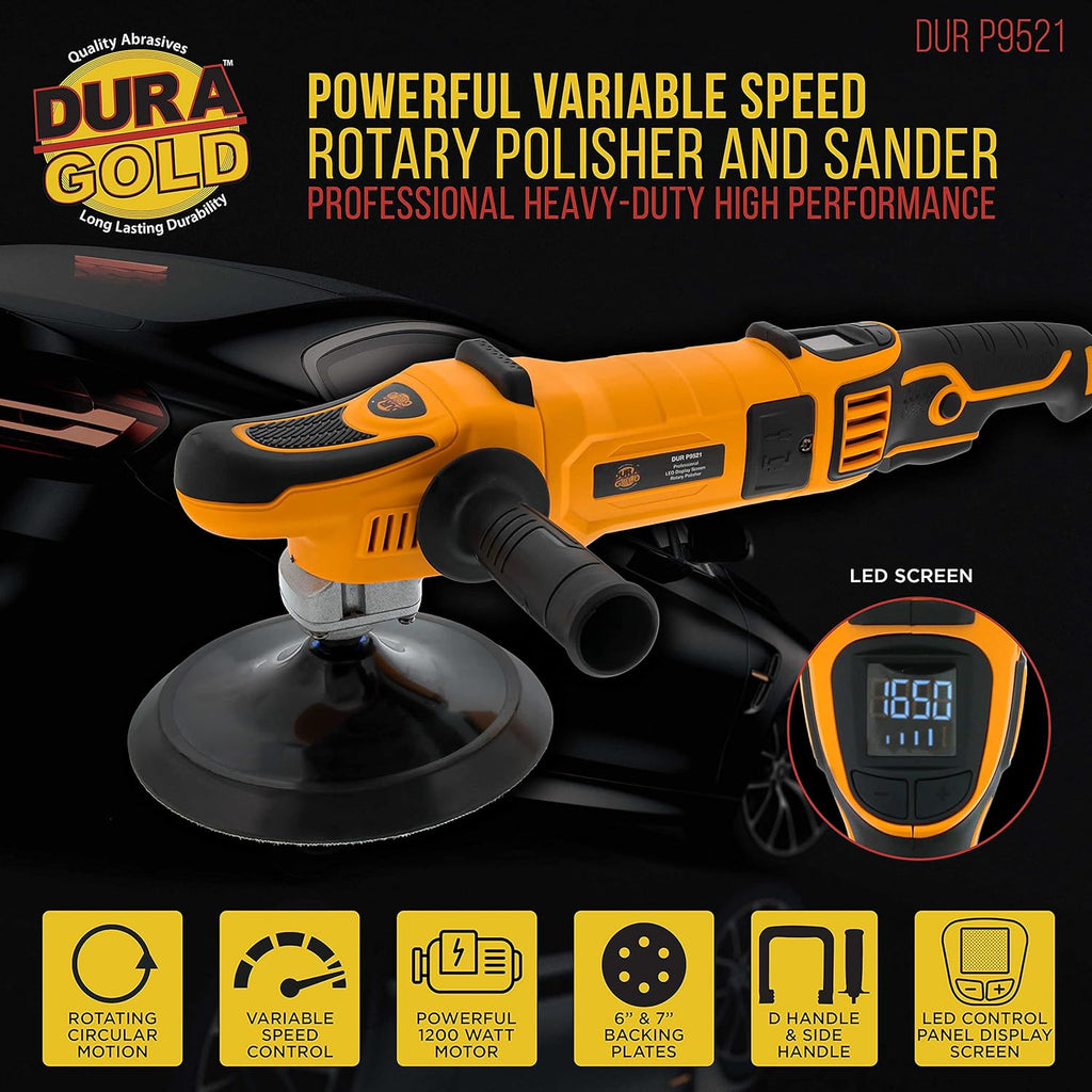 7 Rotary Polisher Buffer Sander with LED Screen Variable Speed RPM Control, 1200 Watts, 2 Buffing Polishing Pads X6446