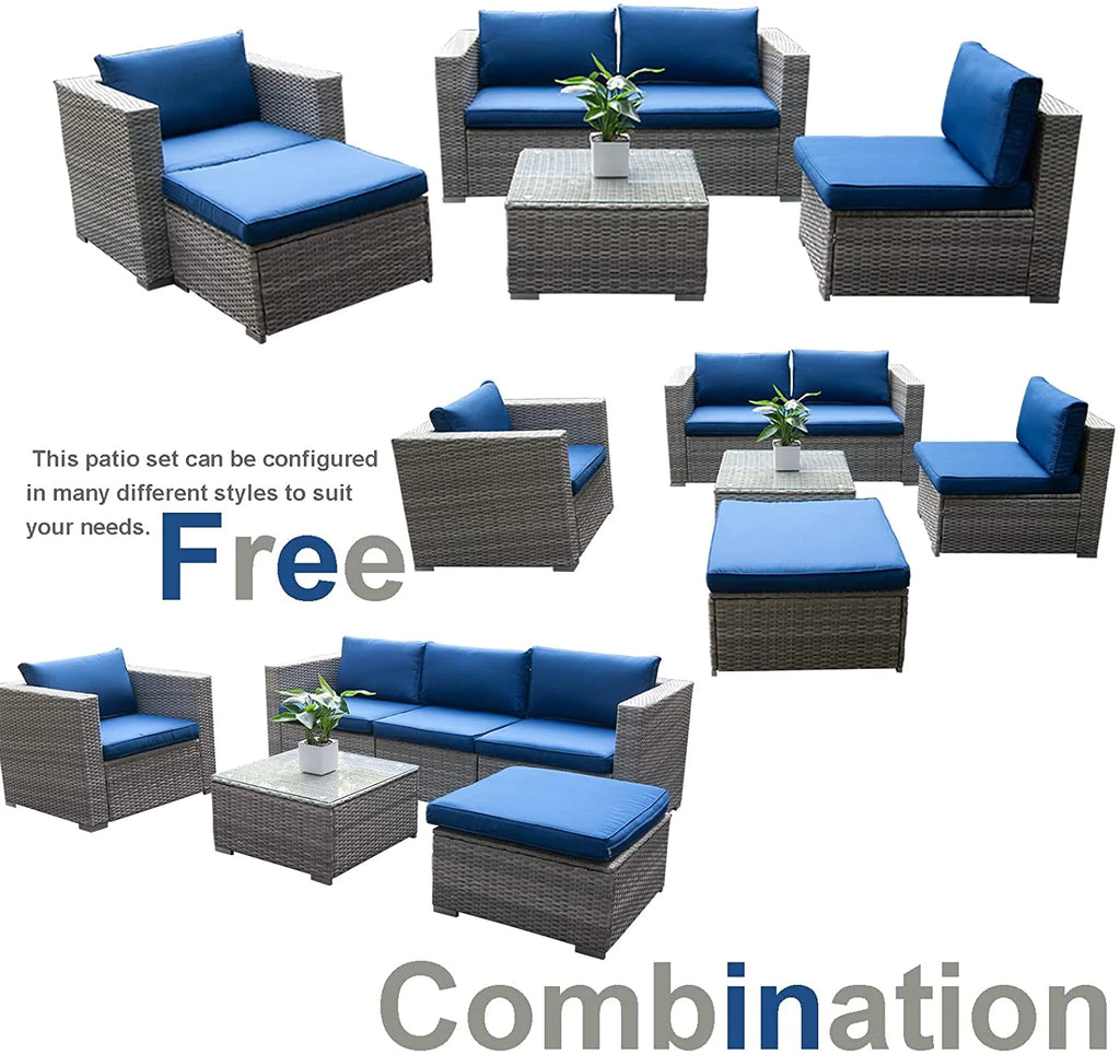 6pcs Gray Rattan Wicker Sectional Outdoor Sofa Set with Black Washable Seat Cushions & Glass Coffee Table T934