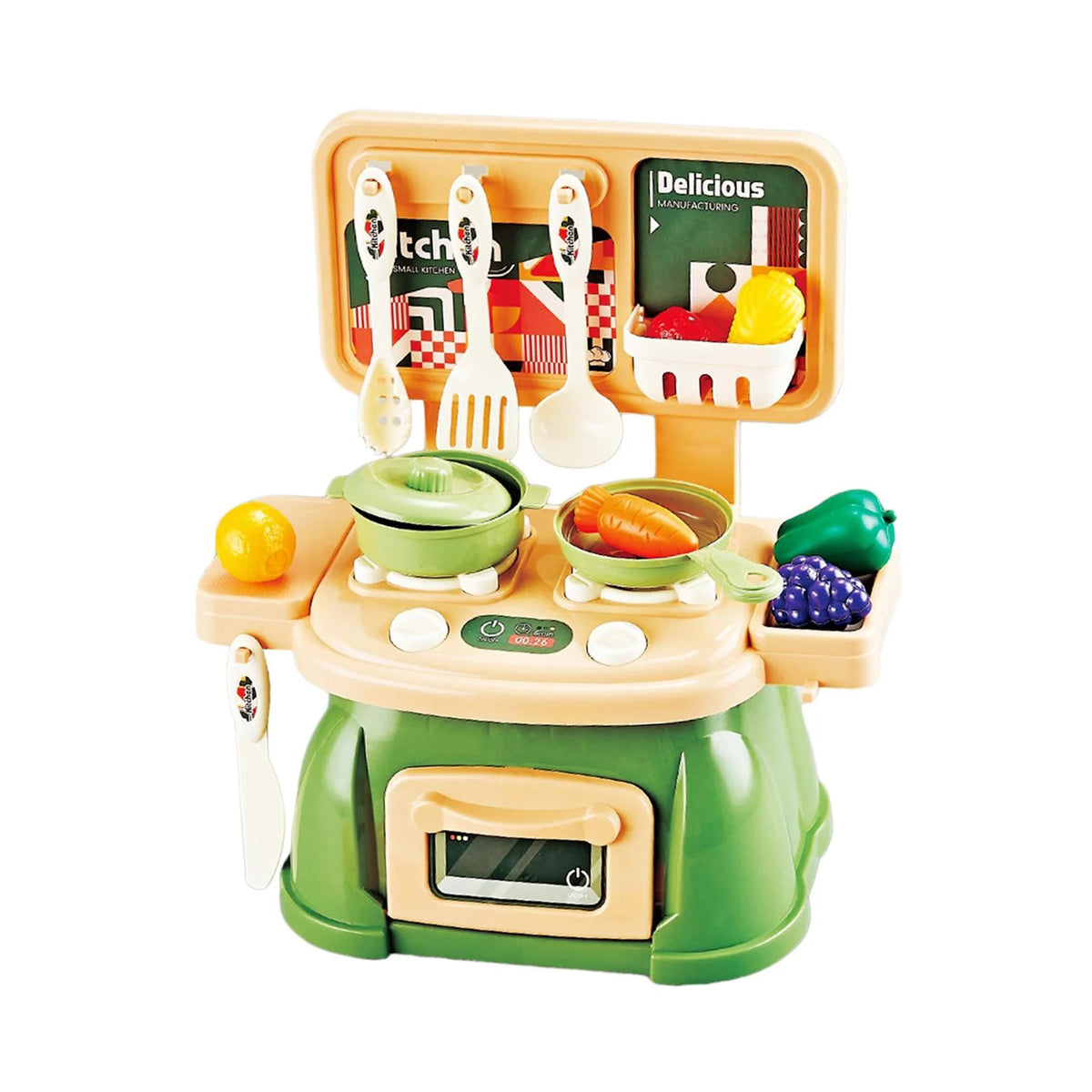 30Pcs Kitchen Playset Toy Pretend Food and Cooking Playset Educational Learning Skill Toy Pretend Chef Cookware for Dollhouse green A82023