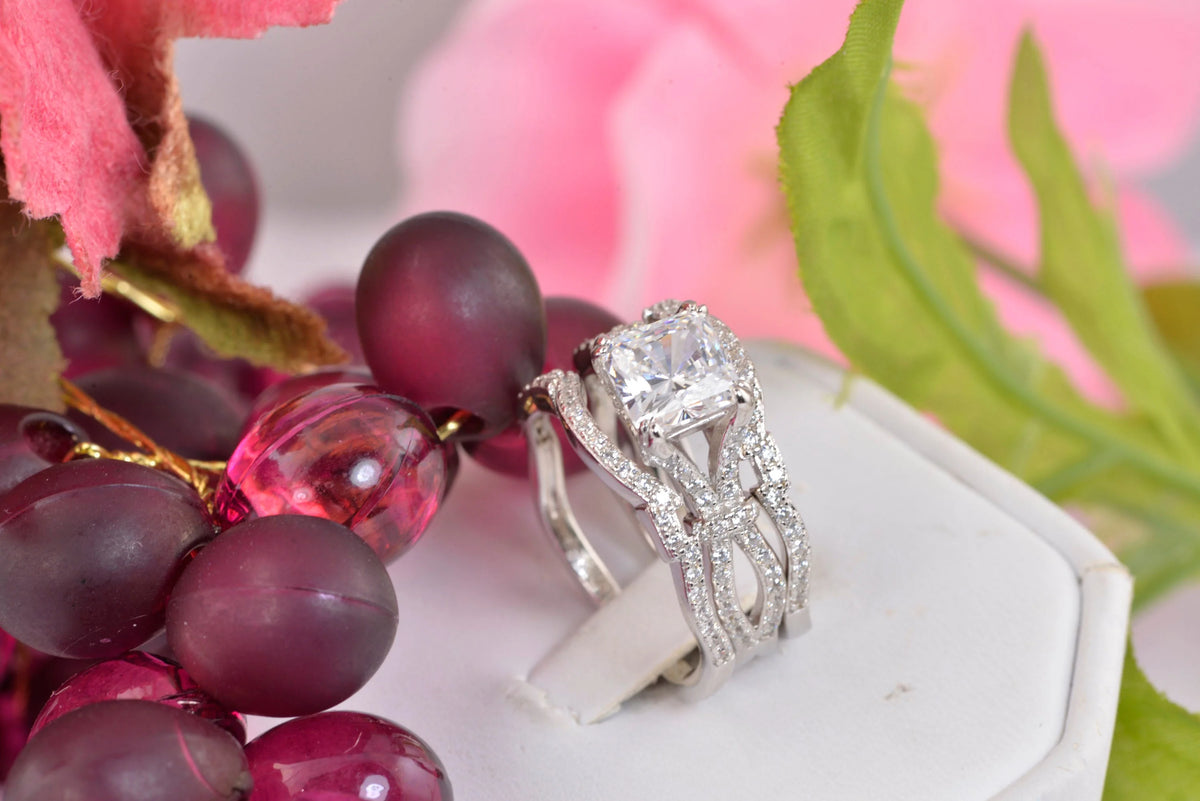 3pcs Princess Cut Diamond Simulated 925 Sterling Silver Bridal Set F4421