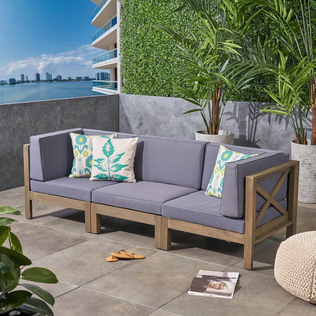 Gray and White Outdoor Modular Acacia Wood Sofa with Cushions X751784
