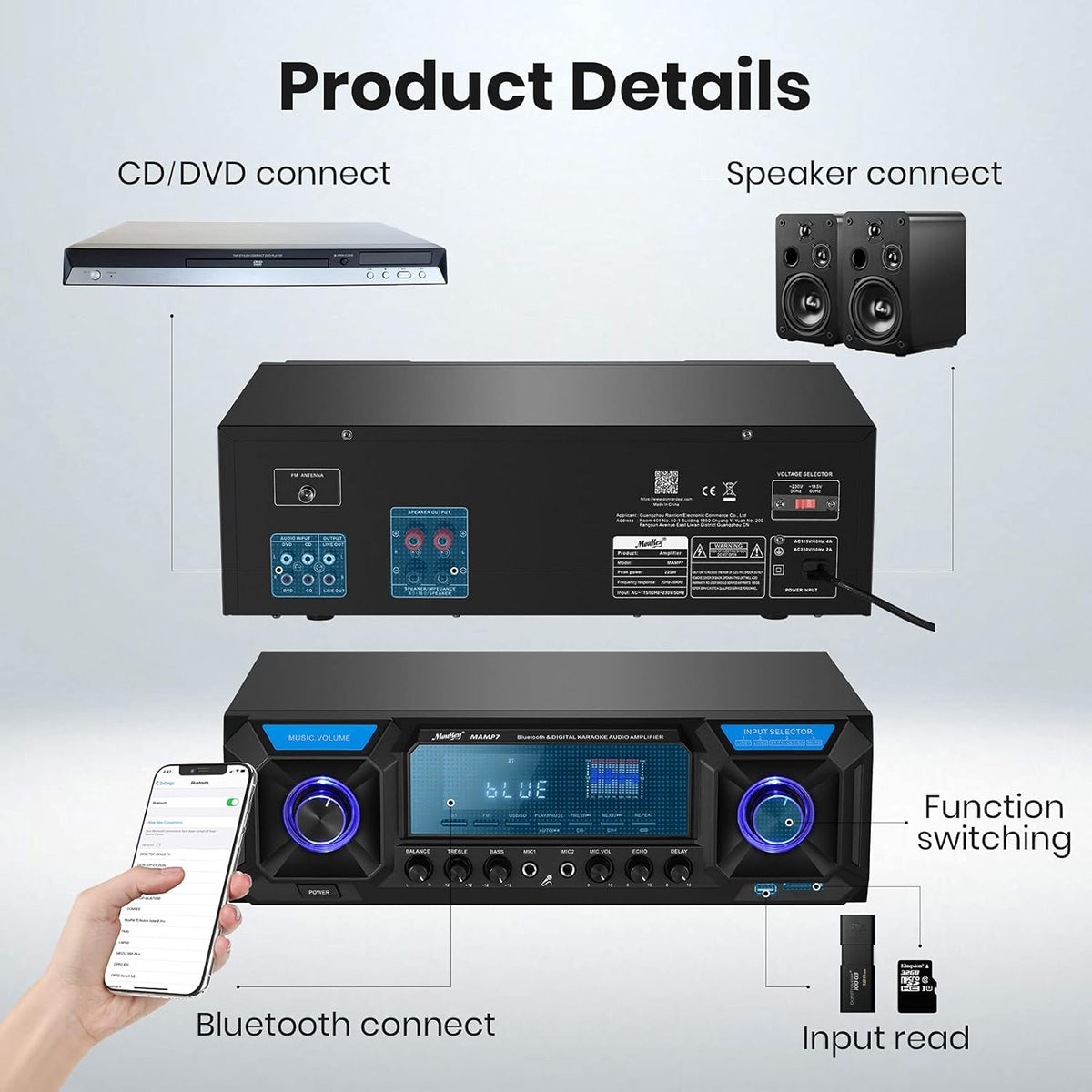 Stereo Receiver Amplifier Bluetooth 5.0 330W 2.0 Channel Home Audio AMP FM with USB SD Mic in Echo RCA AUX LED Remote K449