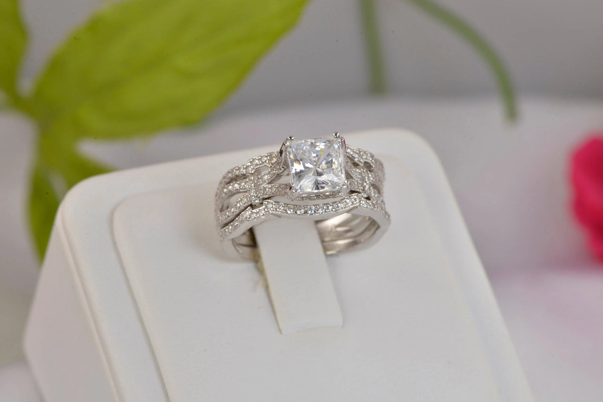 3pcs Princess Cut Diamond Simulated 925 Sterling Silver Bridal Set F4421