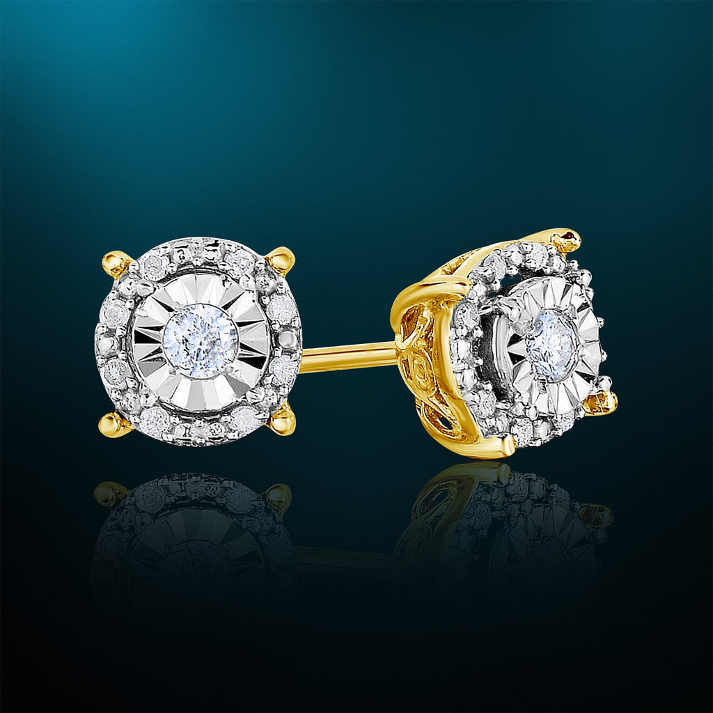 18K Yellow Gold Plated Sterling Silver Round Halo Diamond Stud Earrings D44449