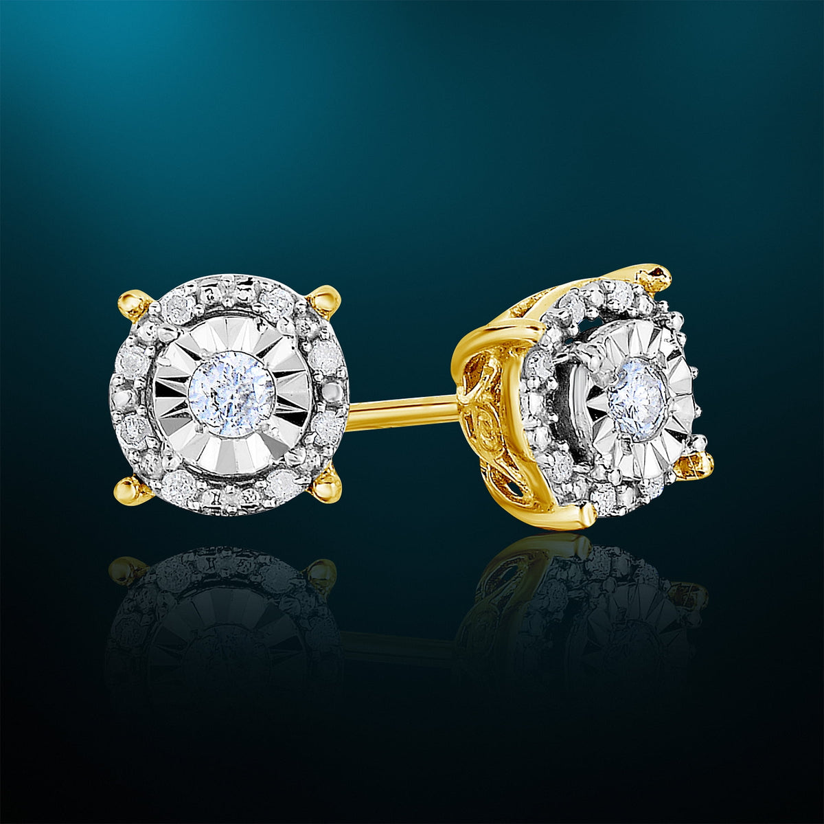 18K Yellow Gold Plated Sterling Silver Round Halo Diamond Stud Earrings D44449