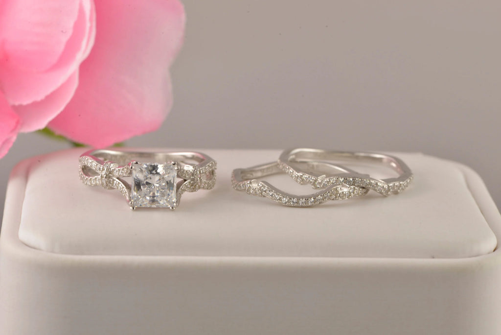 3pcs Princess Cut Diamond Simulated 925 Sterling Silver Bridal Set F4421