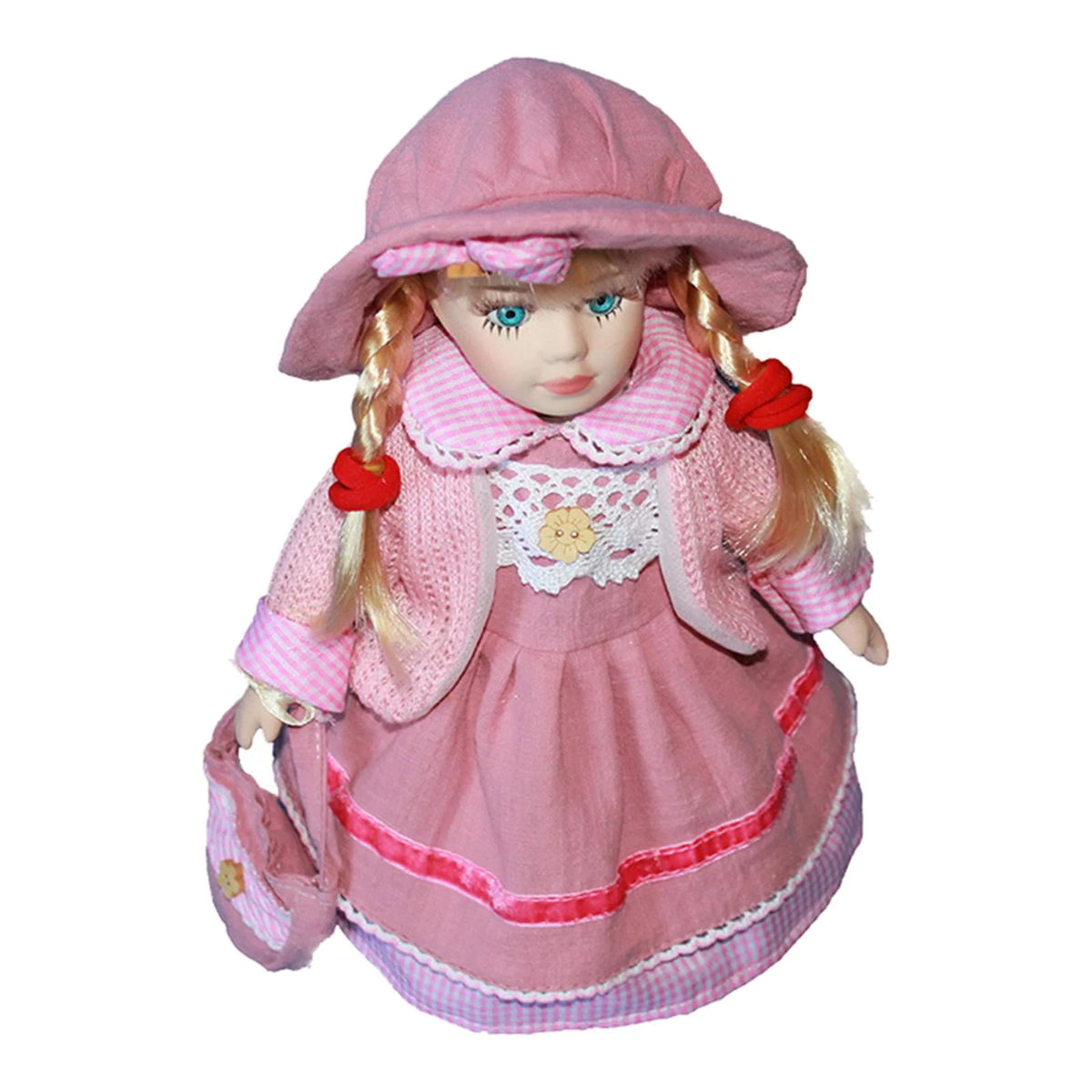 Pink Porcelain Doll Girl Figures with Hat Set K342256